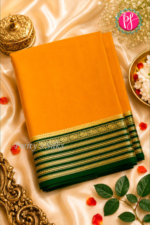Pure Mysore Crepe Silk Saree -Mustardyellow And Bottlegreen-PF73884