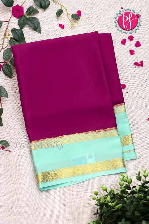 Pure Mysore Crepe Silk Saree -Wine And Skyblue-PF82495