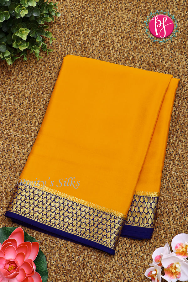 Pure Mysore Crepe Silk Saree -Mustard Yellow with Navy Blue-PF79506