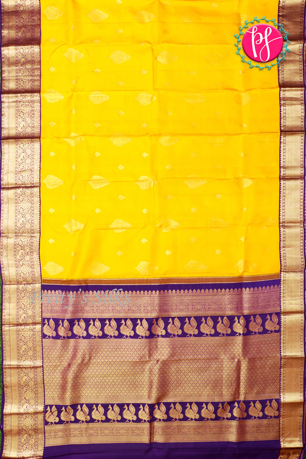 Pure Kanchipuram Silk Saree-Yellow And Navyblue-PA23554