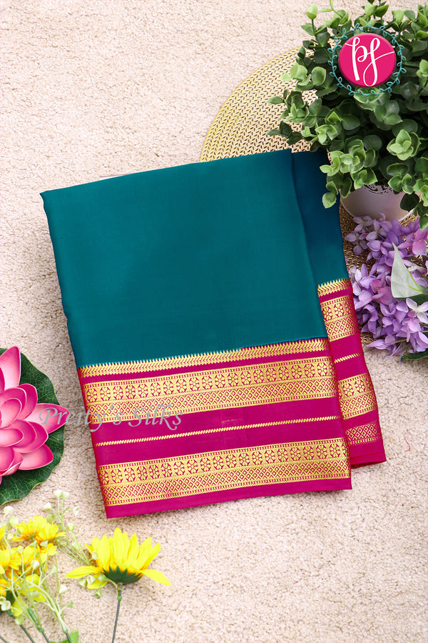 Pure Mysore Crepe Silk Saree-Teal Blue And Pink-PA19929