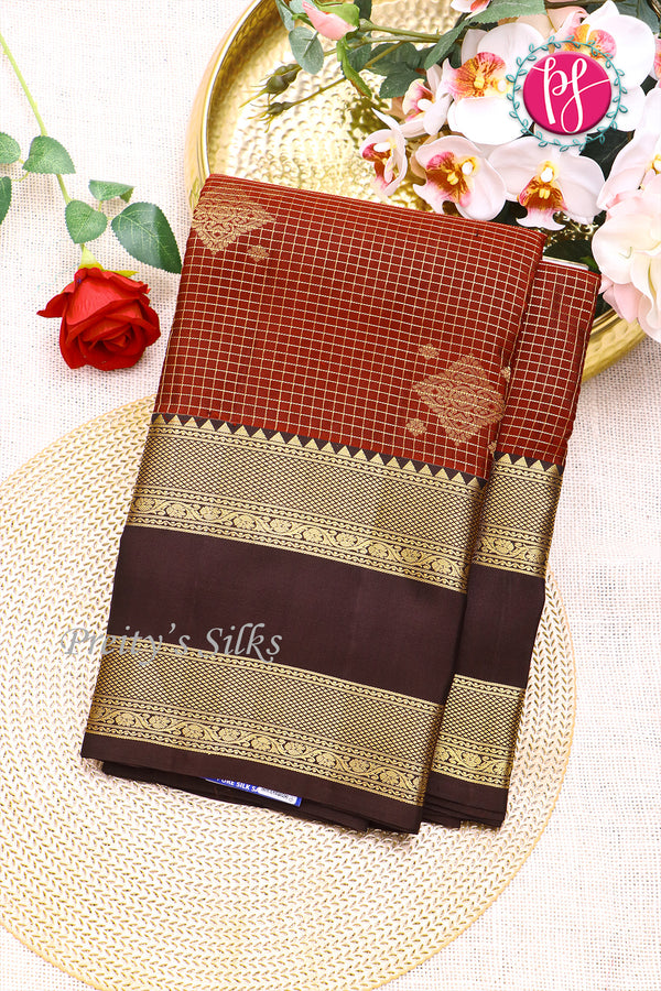 Pure Kanchipuram Silk Saree-PF72334 - Rust Orange with Deep brown
