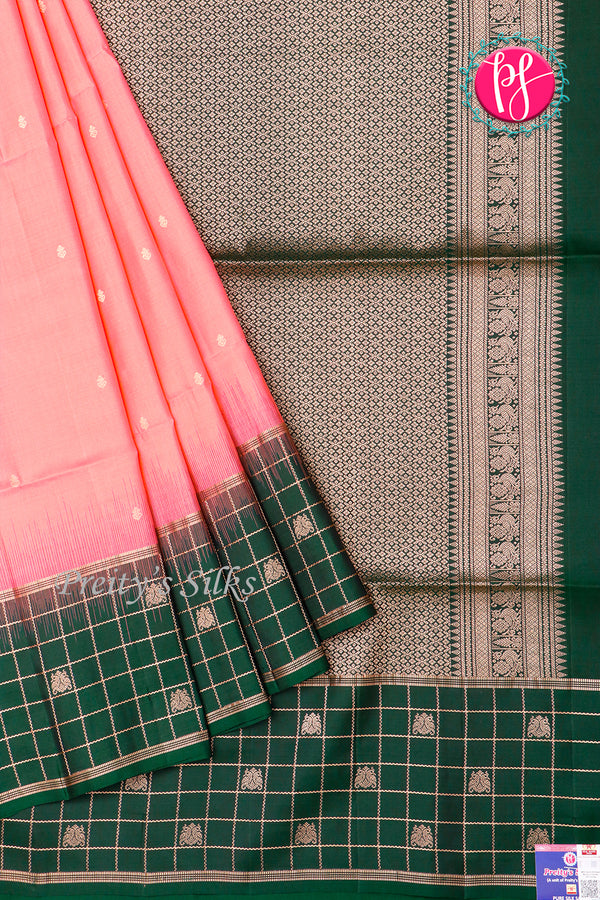 Kanchipuram Soft Silk Saree-Soft Coral Pink And Bottlegreen-PA27323