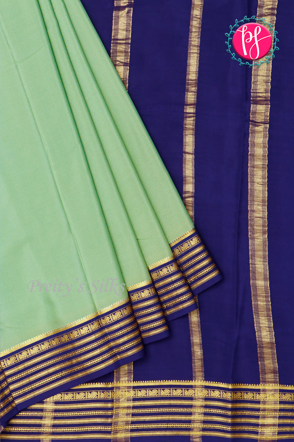 Pure Mysore Crepe Silk Saree -Pistagreen And Navyblue-PA47018