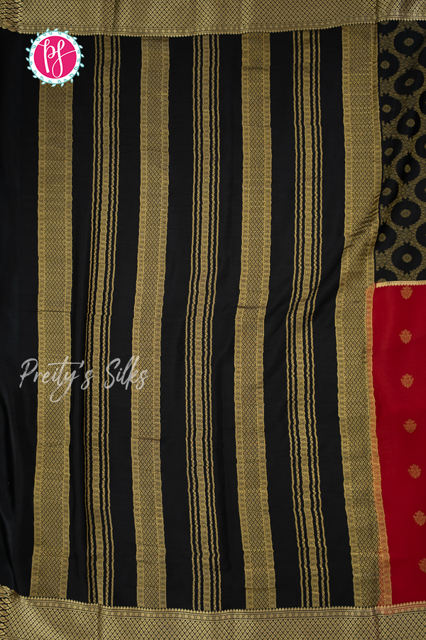 Pure Mysore Crepe Silk Saree-Half And Half pattern-Red And Black- PA56238