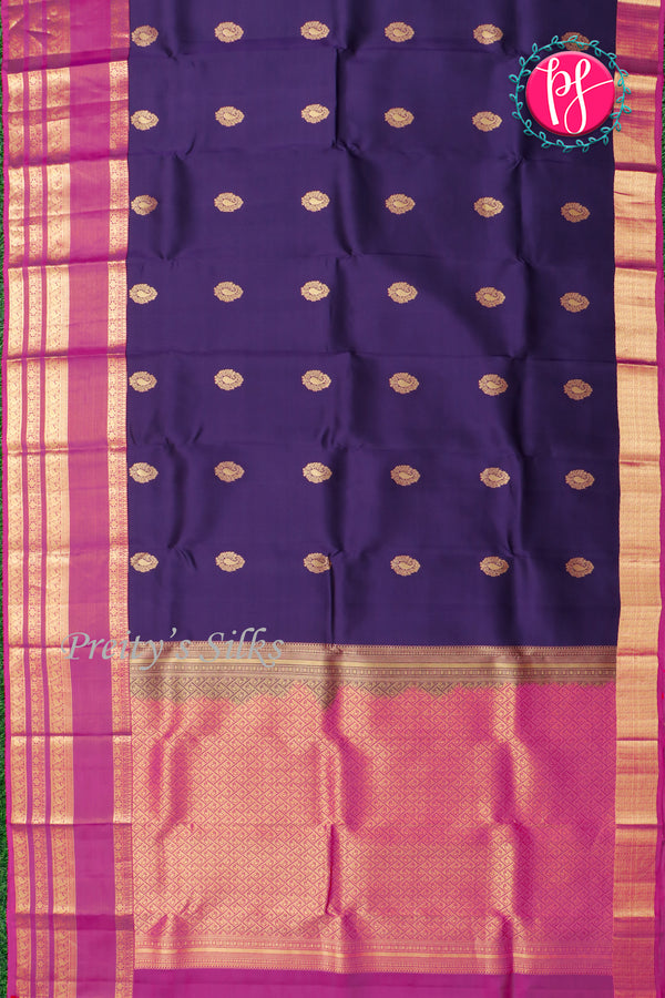 Half Pure Kanchipuram Silk Saree-Navyblue And Pink-PA24684