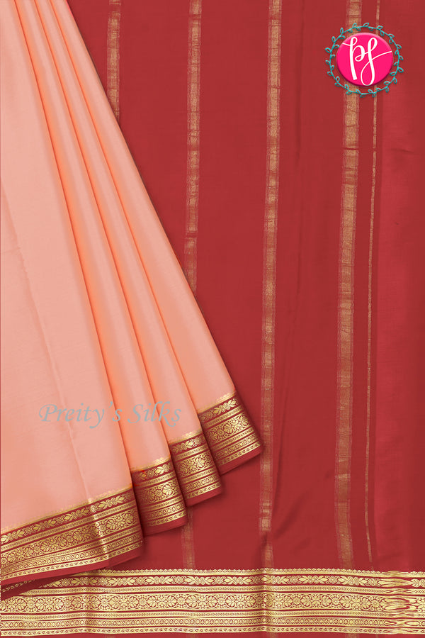 Pure Mysore Crepe Silk Saree- Pastel peach And Brickred-PA28937
