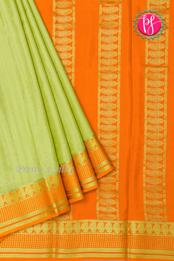 Pure Mysore Crepe Silk Saree-Pistagreen And Lightorange-PA26566