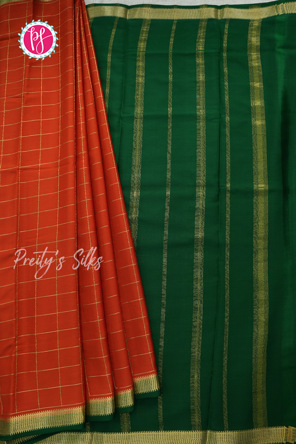 Pure Mysore Crepe Silk Saree- Red And Bottlegreen-PA56111