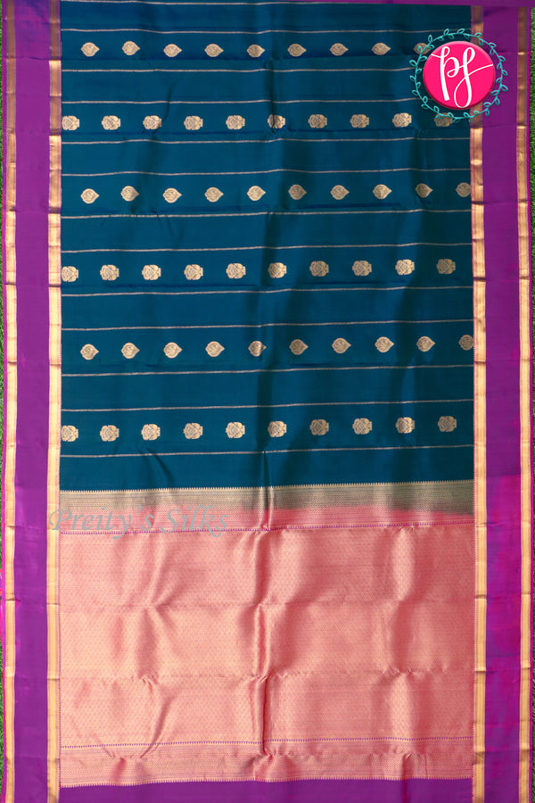 Half Pure Kanchipuram Silk Saree-Peacockblue And Purple-PA25965