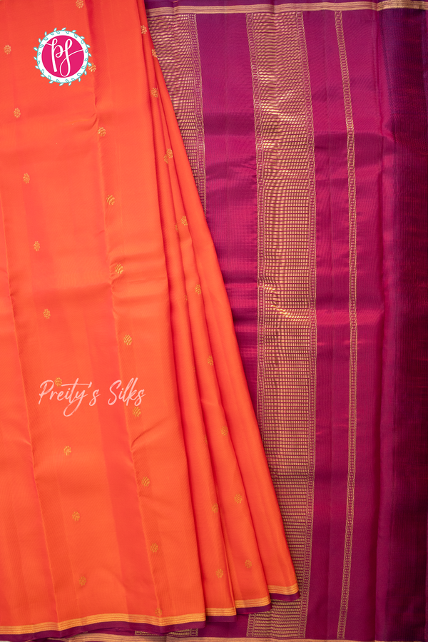 Half Pure Kanchipuram Silk Saree -Orange with Marron-PA56648