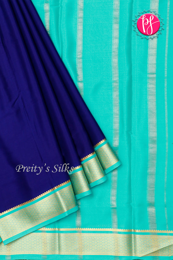 Pure Mysore Crepe Silk Saree-Navyblue And Seablue-PA28744