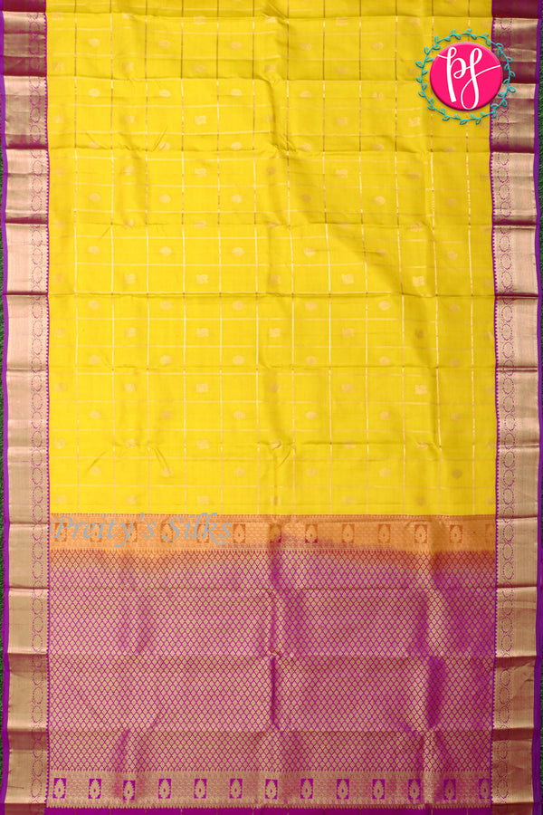Pure Kanchipuram Silk Saree-Yellow And Purple-PA23588