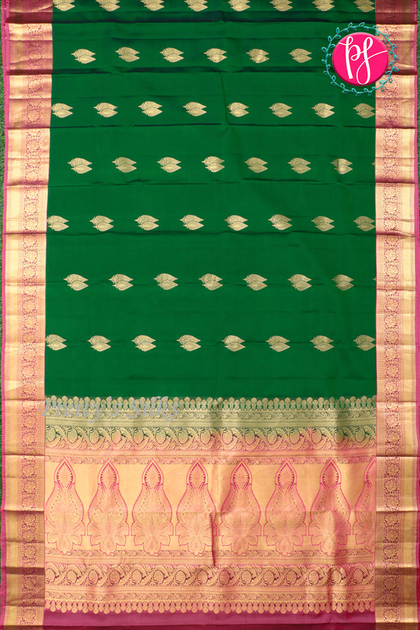 Half Pure Kanchipuram Silk Saree-Bottlegreen And Pink-PA27074