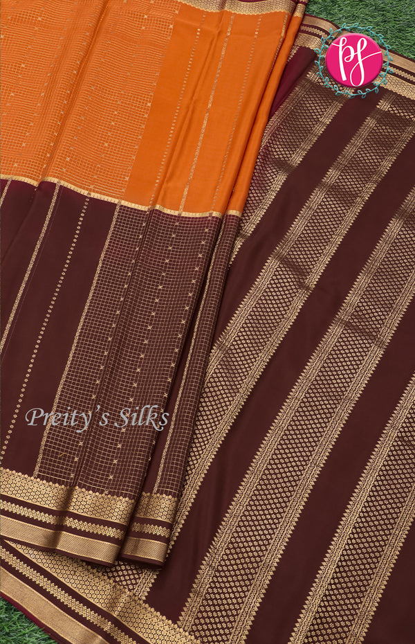 Pure Mysore Crepe Silk saree-Half And Half Pattern-Orange and deep brown-PF60718