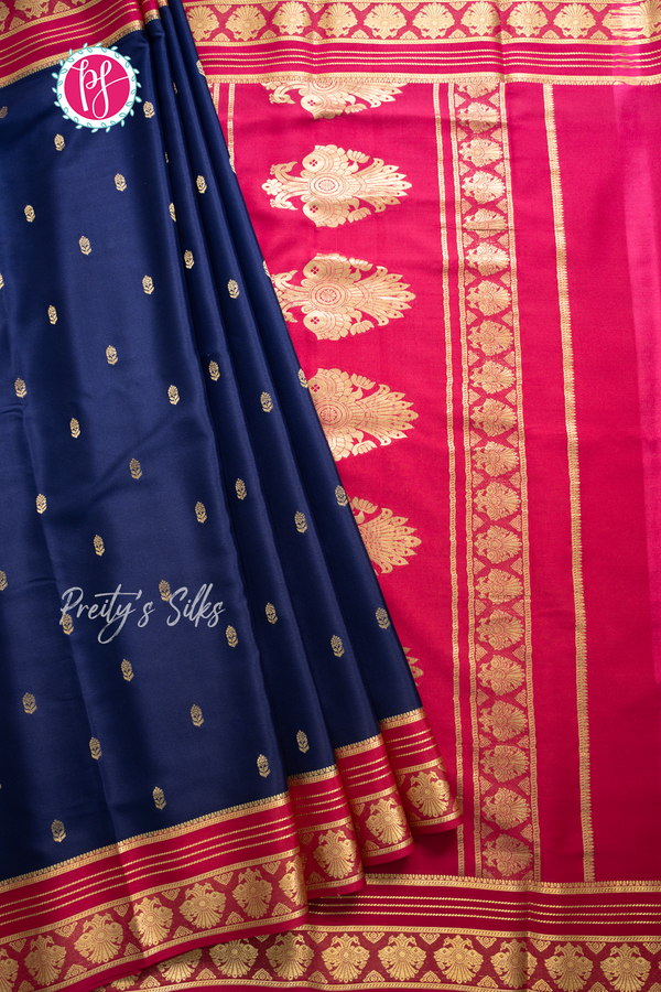 Pure Mysore Crepe Silk Saree-Navyblue And Pink- PA56162