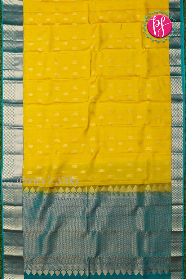 Half Pure Kanchipuram Silk Saree-Yellow And Peacockblue-PF82168