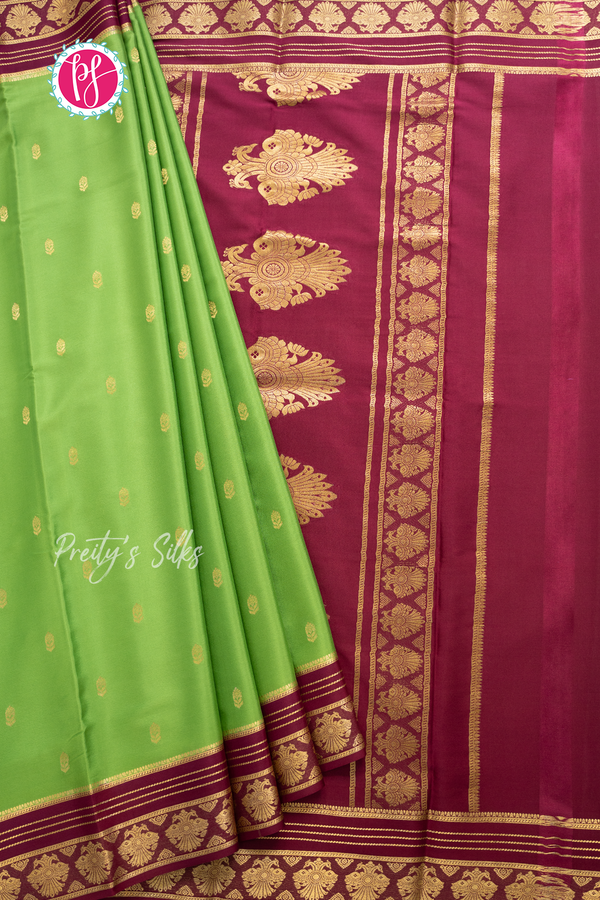 Pure Mysore Crepe Silk Saree-Parrotgreen And Marron-PA56162