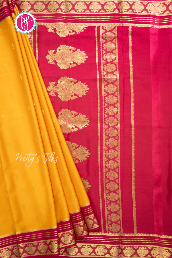 Pure Mysore Crepe Silk Saree-Yellow And Marron-PA56162