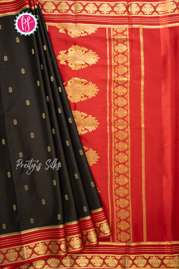 Pure Mysore Crepe Silk Saree-Black And Red-PA56162