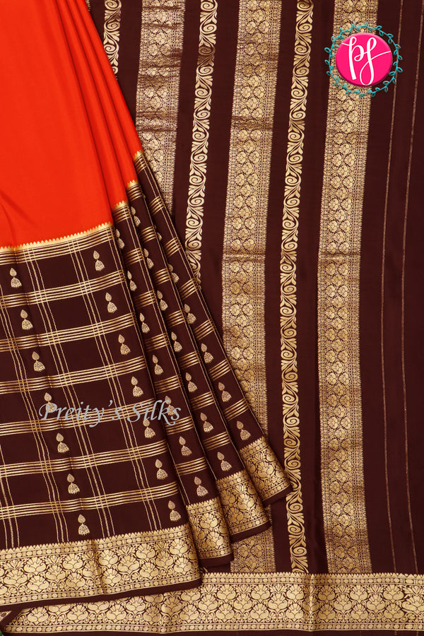 Pure Mysore Crepe Silk Saree-Rustorange And Chocolatebrown-PA46832