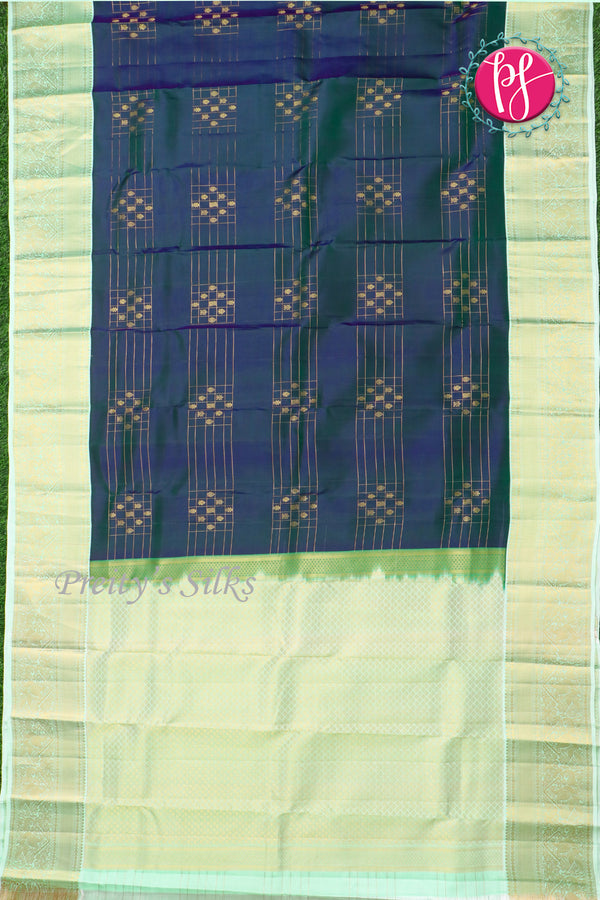 Pure Kanchipuram Silk Saree-Peacock Blue With Sea Green-PF81292