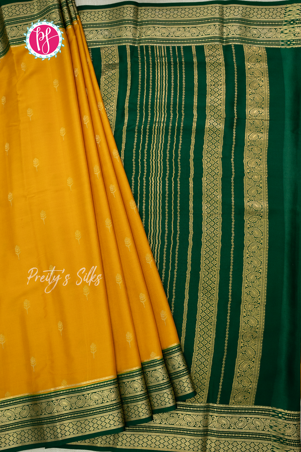 Pure Mysore Crepe Silk Saree-Mangoyellow And Bottlegreen-PA56143