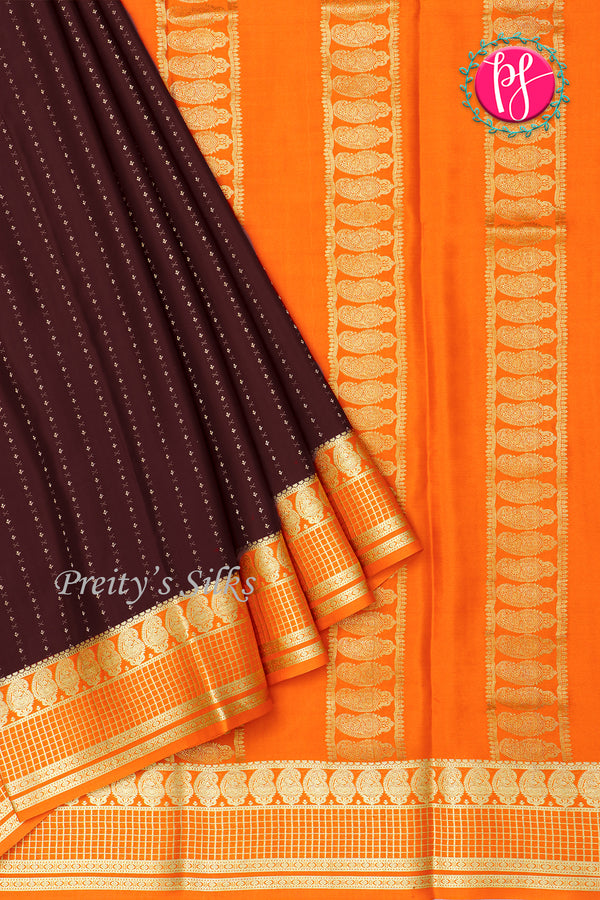 Pure Mysore Crepe Silk Saree-Chocolatebrown And Orange-PA26566