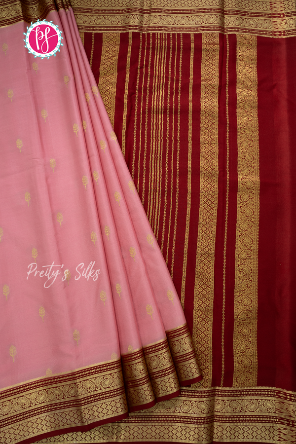 Pure Mysore Crepe Silk Saree-Rosepink And Marron-PA56143