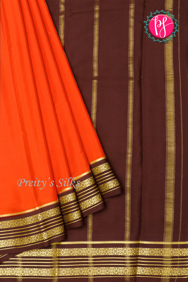 Pure Mysore Crepe Silk Saree-Saffron And Chocolatebrown-PA29028