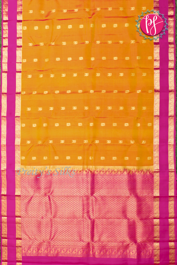 Half Pure Kanchipuram Silk Saree-Mustard yellow And Pink-PF04459