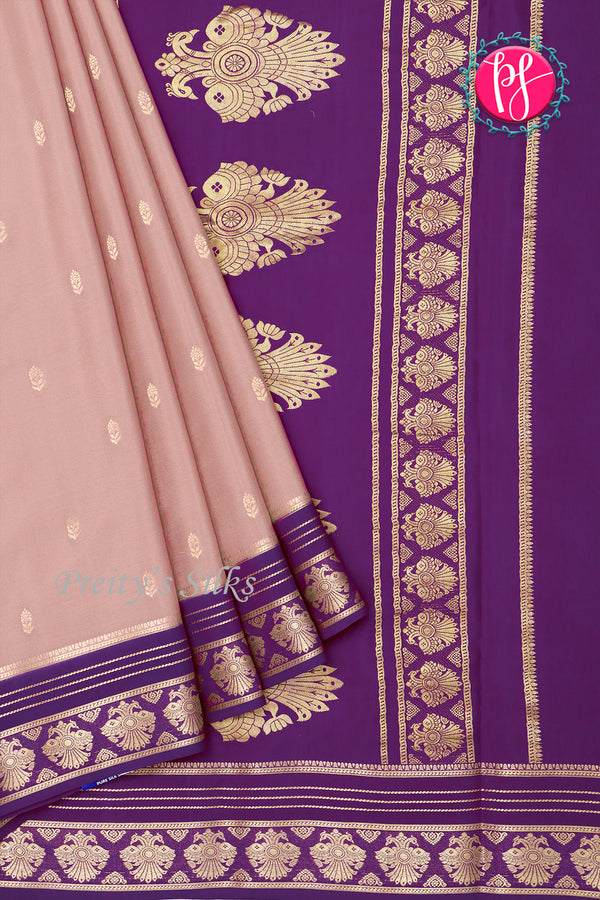 Pure Mysore Crepe Silk Saree-Pinkishgrey And Deeppurple-Peacock border-PA26542