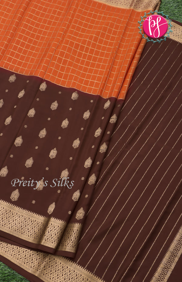 Pure Mysore Crepe Silk saree-Half And Half Pattern-Orange And Chocolatebrown-PF60734