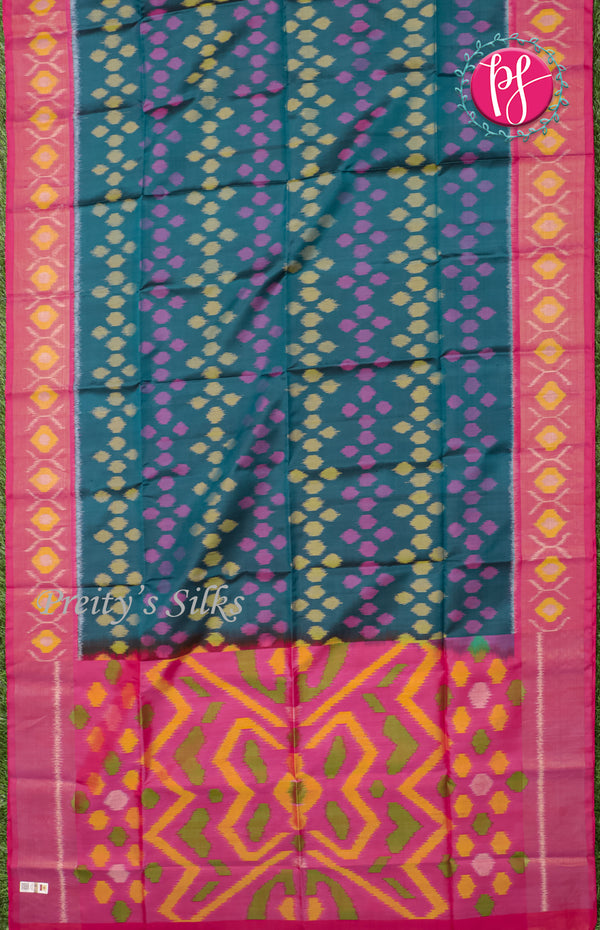 Pure Pochampally Soft Silk saree- Peacock Blue With Reddish Pink-PF03834