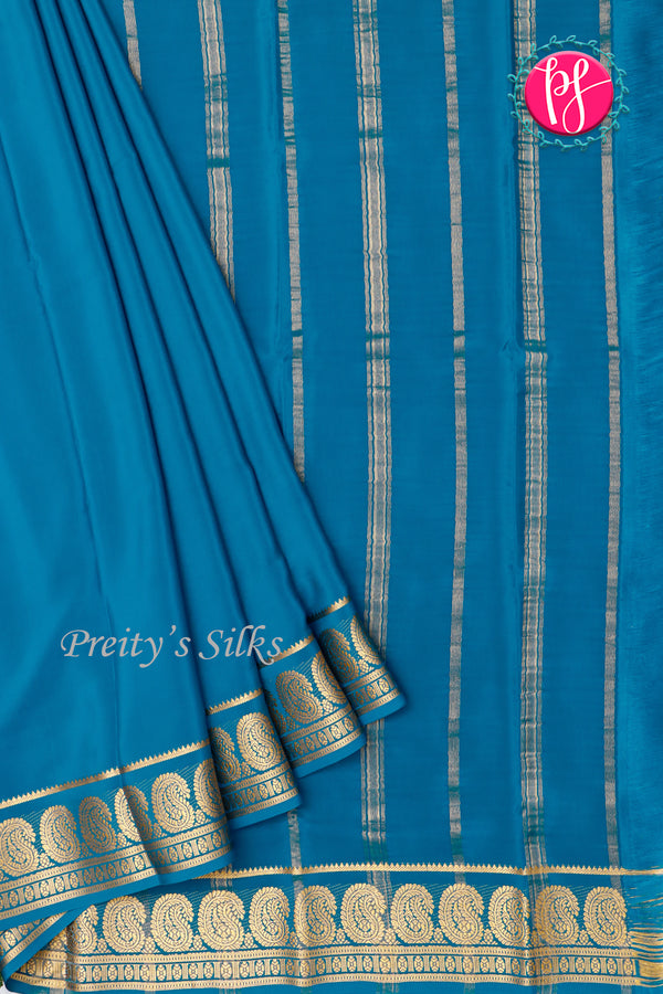 Pure Mysore Crepe Silk Saree-Mangoborder-Tealblue- PA35251