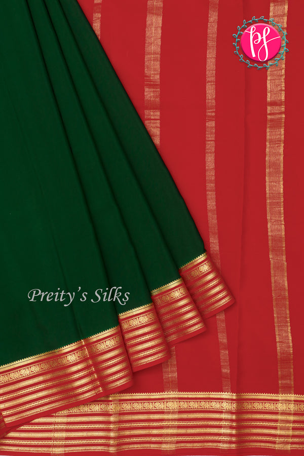 Pure Mysore Crepe Silk Saree -Bottlegreen And Red-PA47018