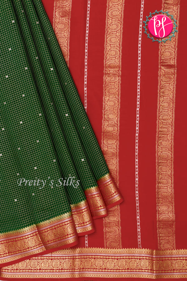 Pure Mysore Crepe Silk Saree-Bottlegreen And Red-PA46766