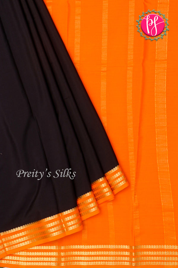 Pure Mysore Crepe Silk Saree-Black And Orange-PA19960