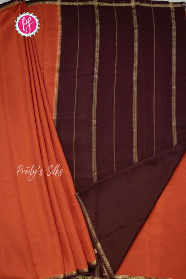 Pure Mysore Crepe Silk Saree- Rustorange And Maroon-PA55419