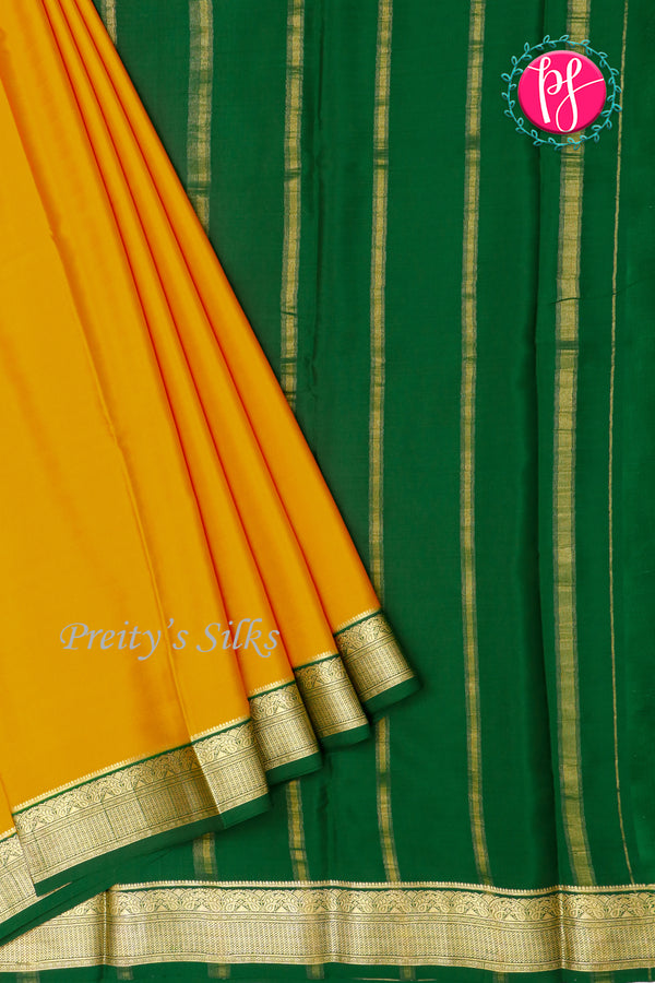 Pure Mysore Crepe Silk Saree-Mustard Yellow And Green-PA28962