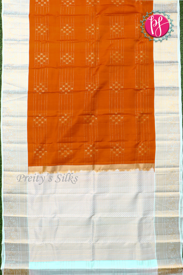 Pure Kanchipuram Silk Saree-Rust Orange with Sea Green-PF81307