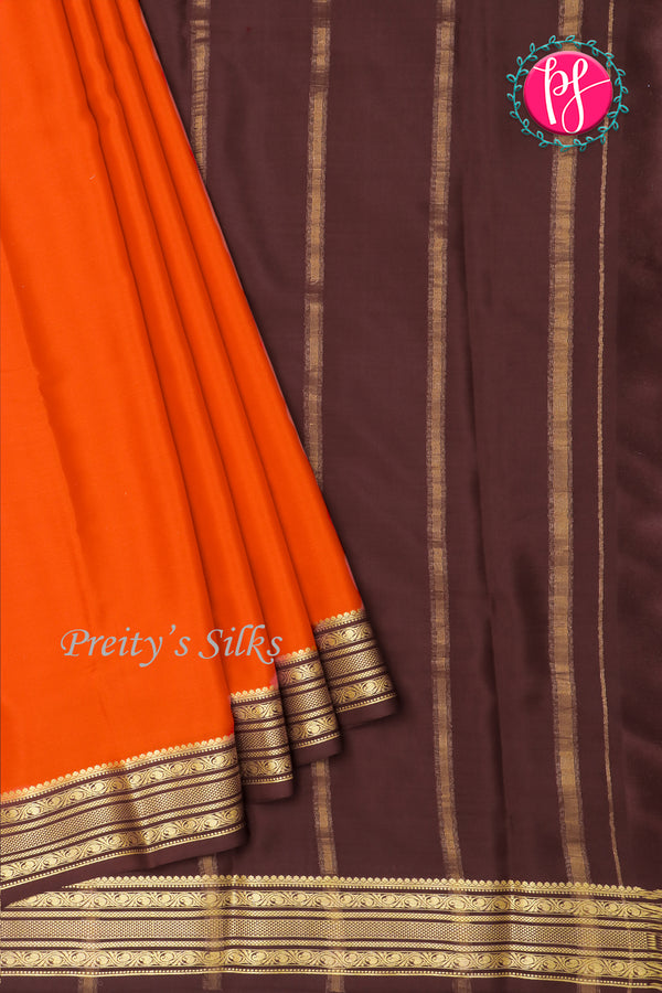 Pure Mysore Crepe Silk Saree-Saffron And Chocolatebrown-PA28981