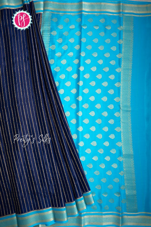 Pure Mysore Crepe Silk Saree-Navyblue And Skyblue-PA57314