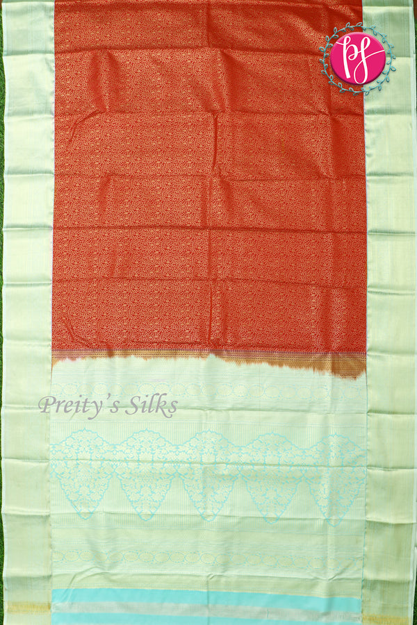 Half Pure Kanchipuram Silk Saree-Red And Skyblue-PF60538