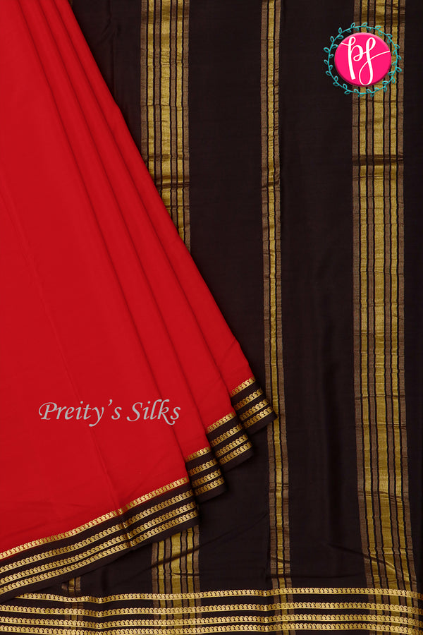 Pure Mysore Crepe Silk Saree-Red And Black-PA19960