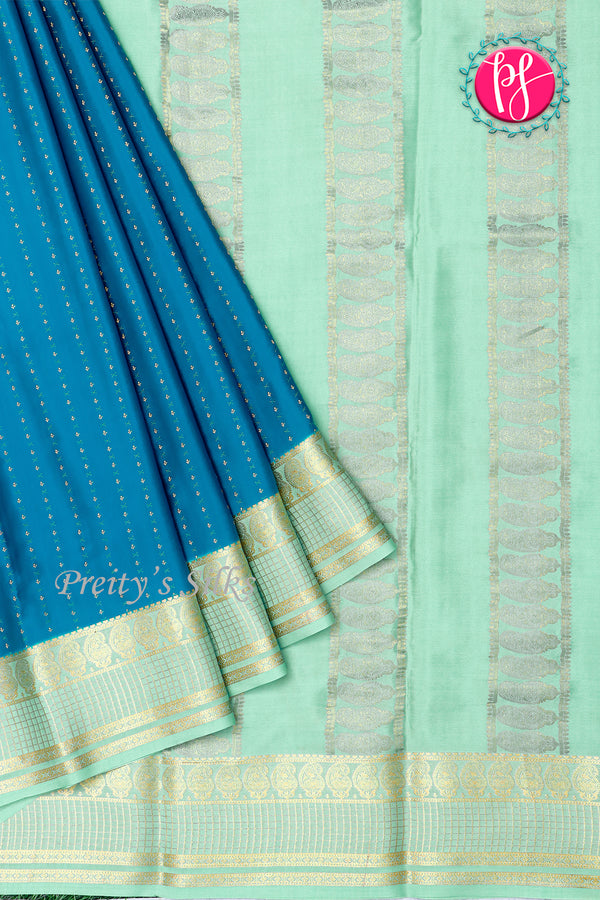 Pure Mysore Crepe Silk Saree-Deep Sky Blue And Pale Mint-PA26566