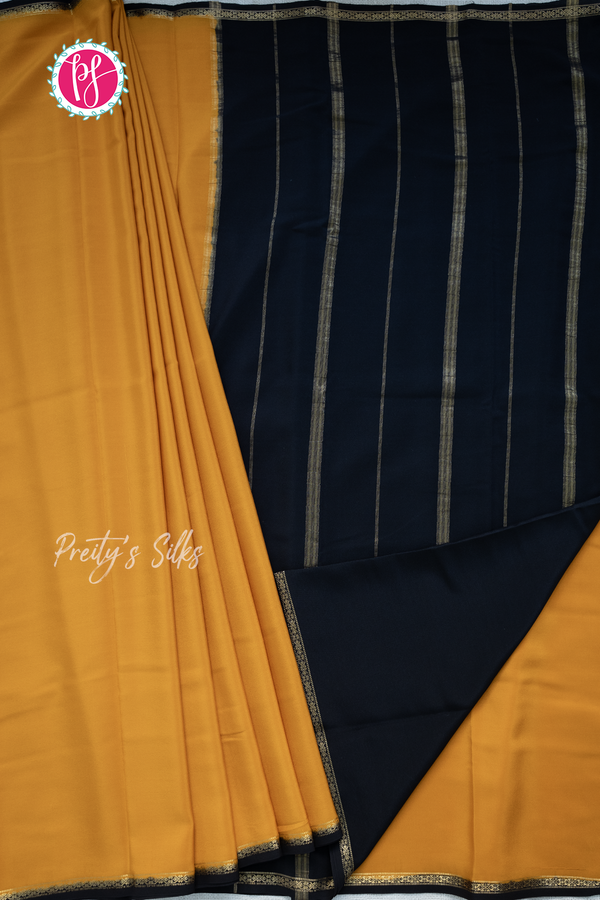 Pure Mysore Crepe Silk Saree-Musatardyellow And Black- PA55419