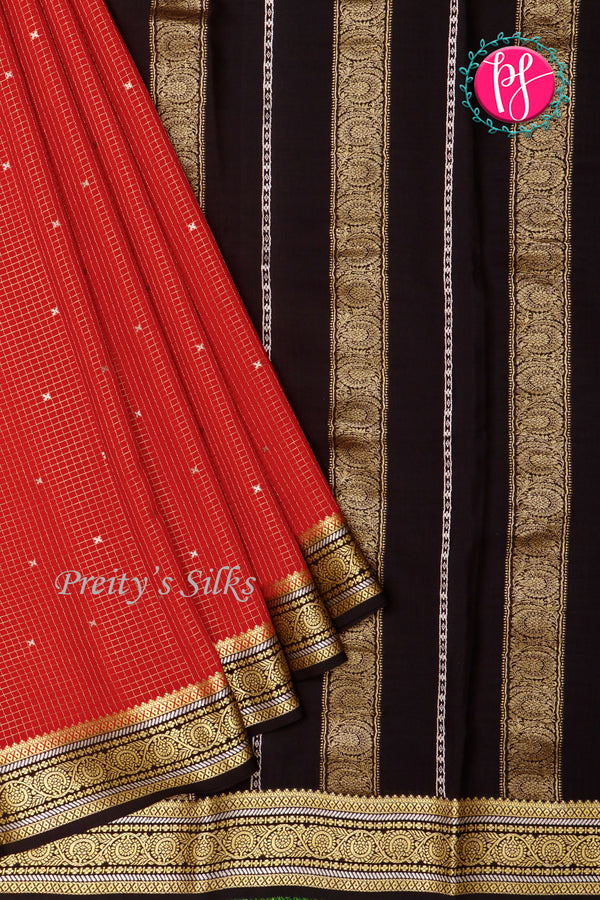 Pure Mysore Crepe Silk Saree-Red And Black-PA46766