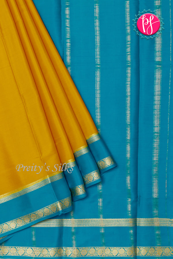 Pure Mysore Crepe Silk Saree-Mustardyellow And Tealblue- PA22264