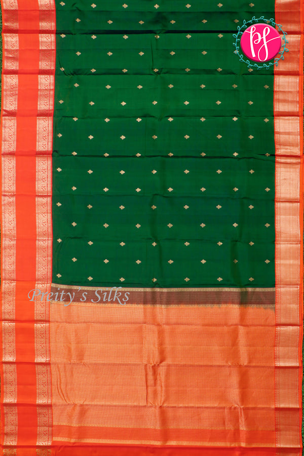 Pure Kanchipuram Silk Saree-Bottlegreen And Tomato Red-PA23592